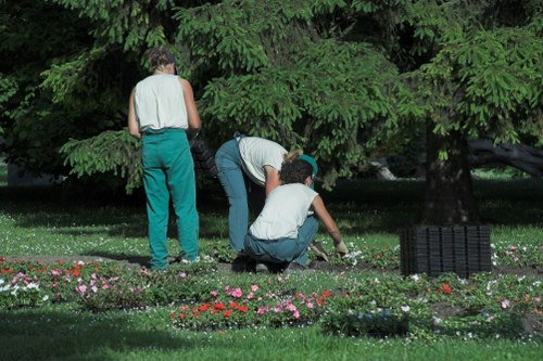 The image depicts a landscaped garden area with three individuals engaged in gardening activities beneath a large, lush green tree. Two of them are crouched down, tending to flower beds that feature a variety of small, colorful flowers arranged in neat borders. The third person stands nearby, observing or assisting with the planting. The lawn area has well-maintained, dense green grass, and the flower beds are bordered with dark mulch or soil. In the background, there is a dense canopy of tree branches and leaves providing shade, alongside a landscaped backdrop that suggests a cultivated outdoor space, possibly part of a residential or community garden in Feltham. The lighting indicates a bright, possibly sunny day, highlighting the natural tones of the foliage and flowers. This scene underscores professional gardening and landscaping work, with attention to plant care and garden aesthetics, consistent with services offered by Landscapers Feltham in the local area.